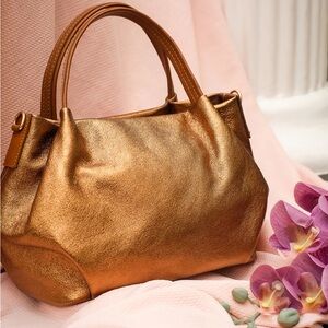 BNWT Cherry Paris Genuine leather bronze satchel with extra shoulder strap